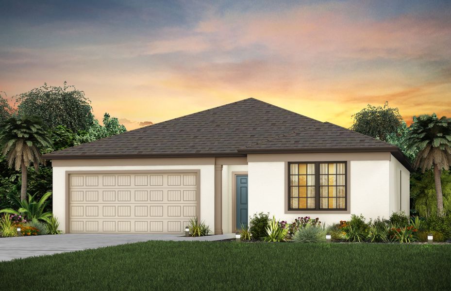 Front exterior of a new home in Whispering Lakes, Lehigh Acres, FL, highlighting curb appeal (Image 25).