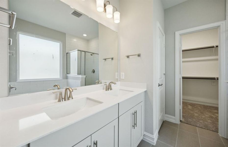 Owner's bath with dual vanity and oversized shower *real home pictured