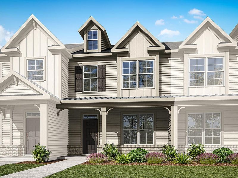 Front exterior of a new home in Lake Carolina Townhomes, Columbia, SC, highlighting curb appeal (Image 1).