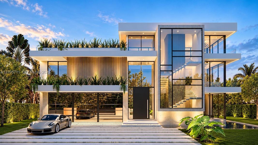 Modern architectural exterior featuring a multi-level flat roof design, floor-to-ceiling glass paneling, integrated terrace planters, and stone-paver driveway