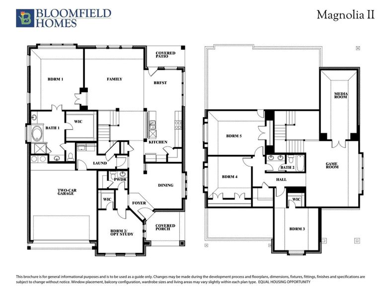 Bloomfield Homes Magnolia II two-story floor plan with five bedrooms, game room, media room, and two-car garage.