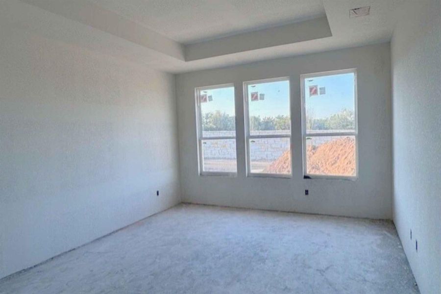 Carpeted empty room with a raised ceiling and a textured wall