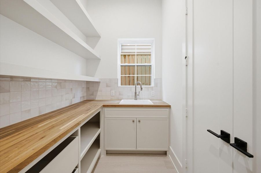 Walk-in pantry with utility sink.
