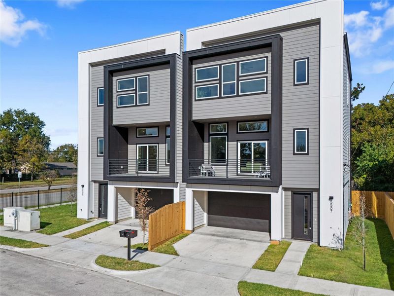 Crisp vertical lines & a thoughtfully composed façade create a refined modern presence. Each home gets its own private yard. Crisp vertical lines & a thoughtfully composed façade create a refined modern presence. Each home gets its own private yard.