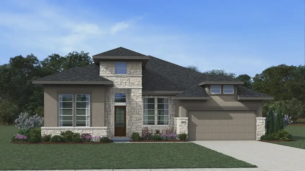 Representative exterior photo of a completed home built from the Malani by Chesmar Homes in Meridiana 60's, Iowa Colony, TX (Image 4). Representative exterior photo of a completed home built from the Malani by Chesmar Homes in Meridiana 60's, Iowa Colony, TX (Image 4).