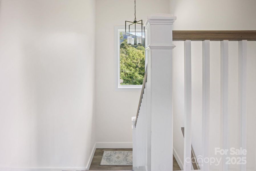 Wide staircase with mountain views