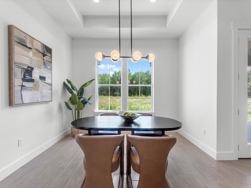 Tray ceiling featured in the dining area with a lovely backyard view Tray ceiling featured in the dining area with a lovely backyard view