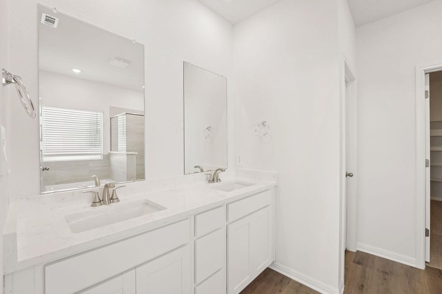 Bathroom with a shower stall, double vanity, dark wood finished floors, and a spacious closet