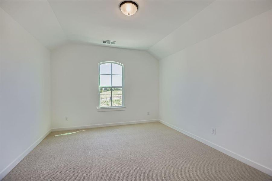 Unfurnished room featuring light carpet and vaulted ceiling