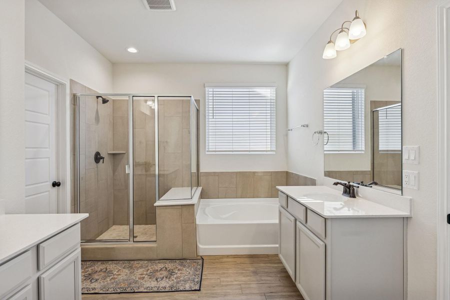 Primary bathroom with walk-in shower and separate soaking tub