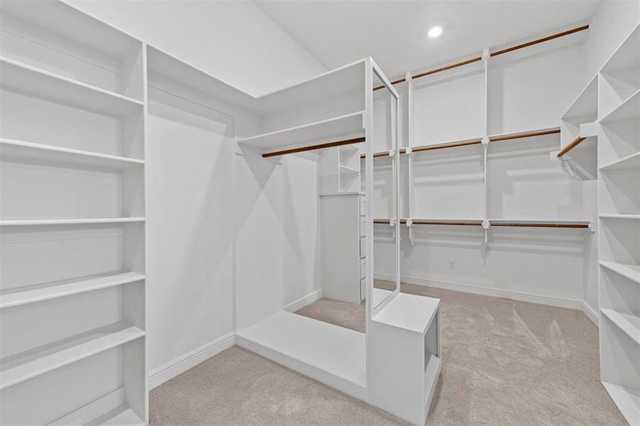 Spacious closet with light colored carpet