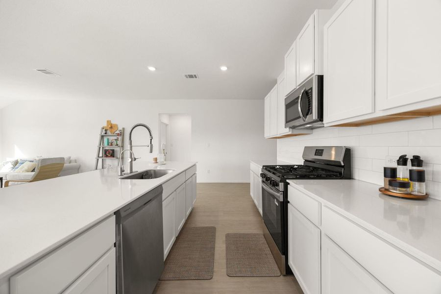 A well-appointed kitchen features ample counter space, stainless steel appliances, and sleek cabinetry for modern living.