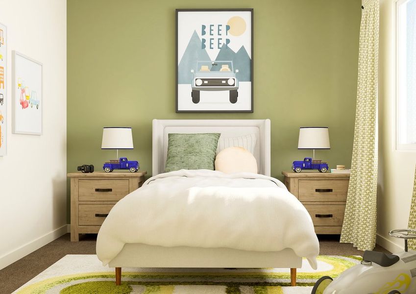 Rendering of a child's bedroom with a small bed and two side tables. There is a child's toy in the corner. Rendering of a child's bedroom with a small bed and two side tables. There is a child's toy in the corner.