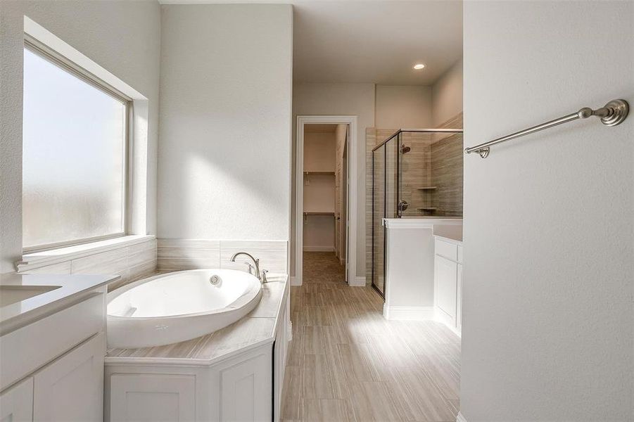 Bathroom with vanity and shower with separate bathtub