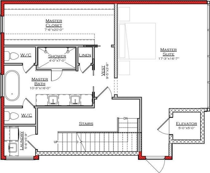 The floor plan features a spacious master suite with an adjoining large master bath, including dual sinks, a shower, and two water closets. There's a generous walk-in closet, a laundry room, and convenient access via stairs and an elevator.