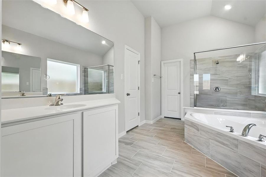 Full bath with vanity, a bath, a shower stall, a closet, and lofted ceiling