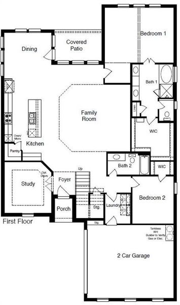 D.R. Horton's Kingwood floorplan, 1st floor - All Home and community information, including pricing, included features, terms, availability and amenities, are subject to change at any time without notice or obligation. All Drawings, pictures, photographs, video, square footages, floor plans, elevations, features, colors and sizes are approximate for illustration purposes only and will vary from the homes as built.