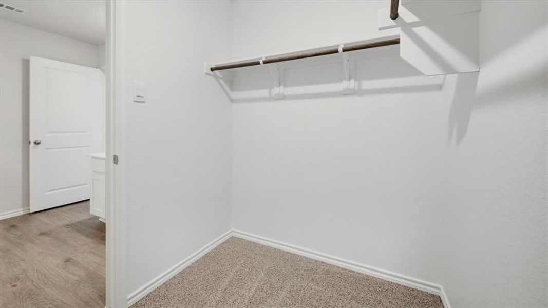Walk in closet with light colored carpet