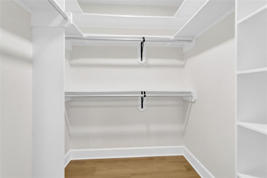 Walk in closet featuring wood finished floors Walk in closet featuring wood finished floors