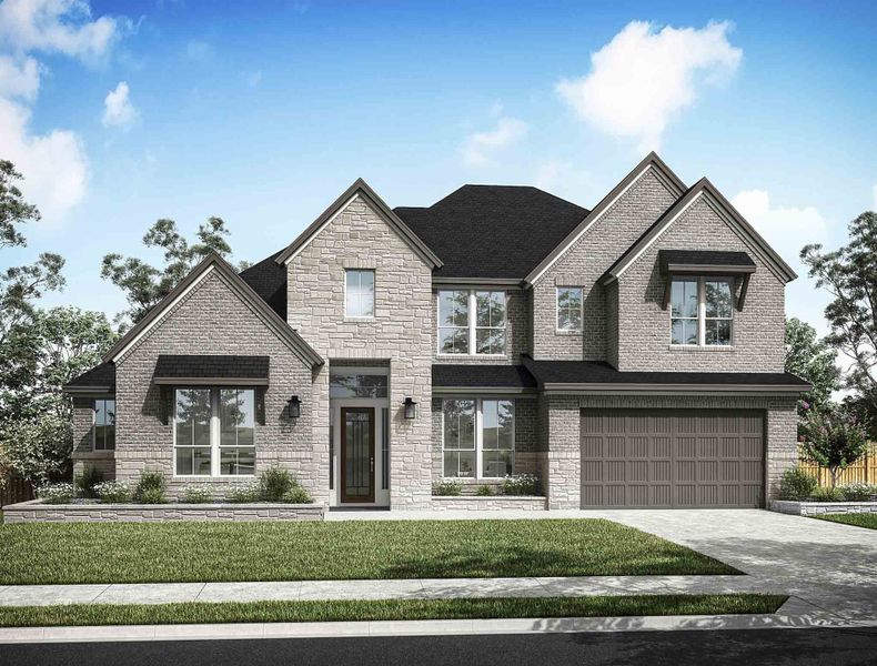 Front exterior of a new home in Harvest Green 75′, Richmond, TX, highlighting curb appeal (Image 24).
