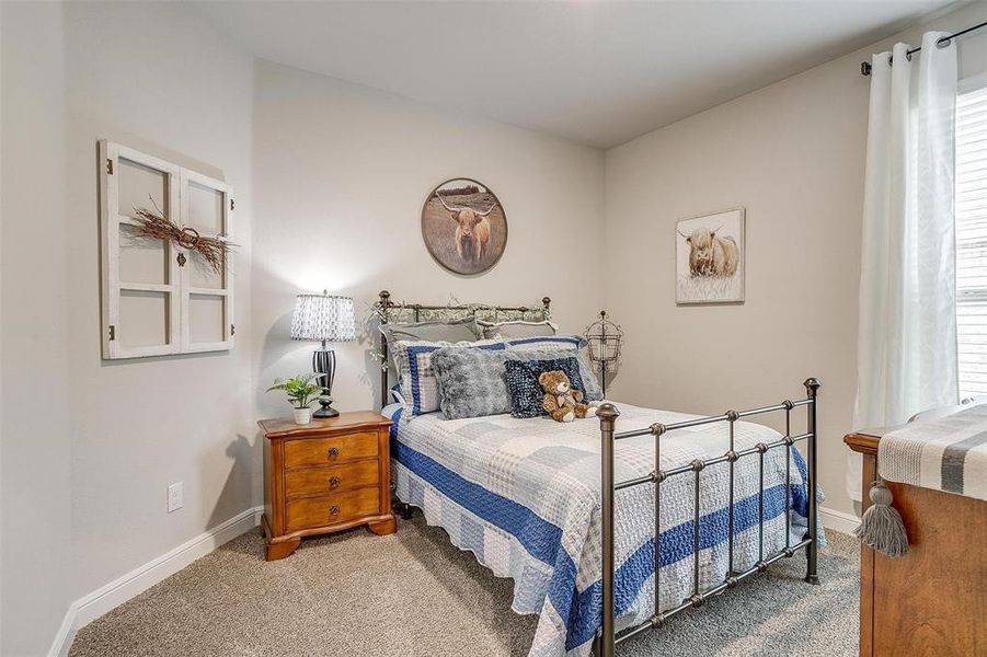 Carpeted bedroom with multiple windows and baseboards