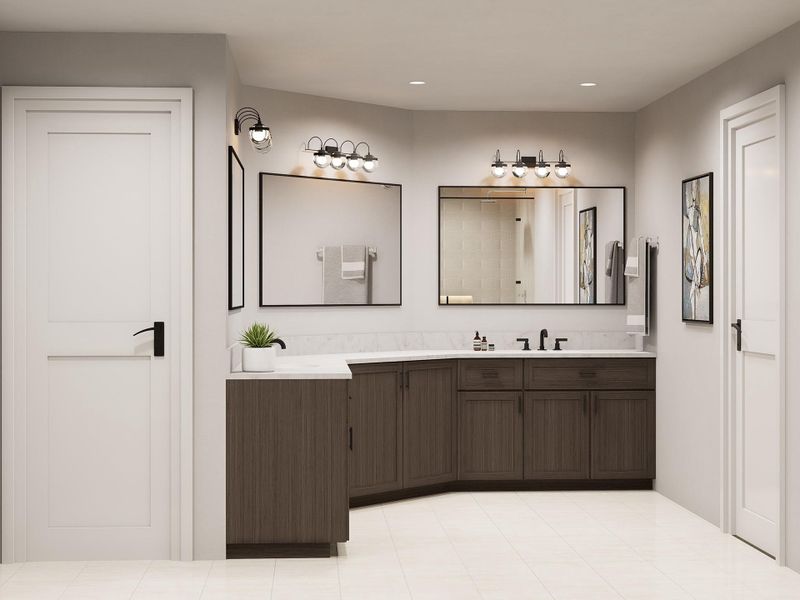 The primary bathroom features dual sinks and generous counter space, making mornings effortless and organized. Image depicts artist's rendering. Colors and selections my vary from the final product. See New Home Consultant for details.