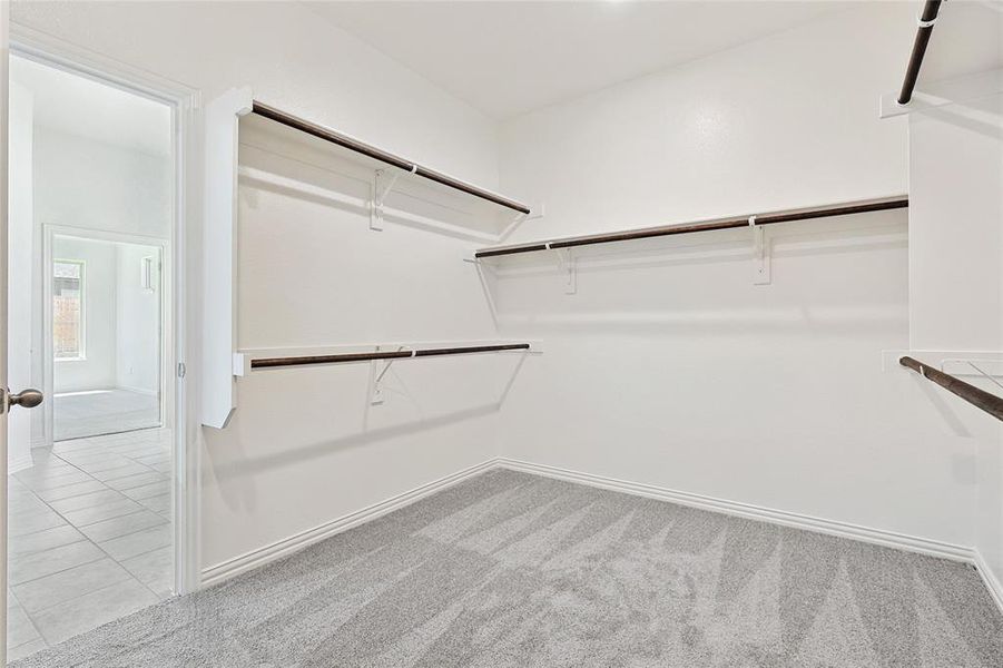 Walk in closet with light colored carpet