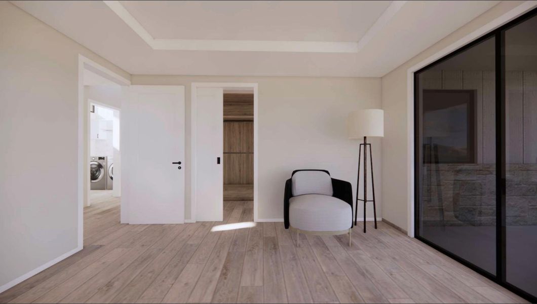 RENDERING - Unfurnished room with light wood-type flooring and a tray ceiling