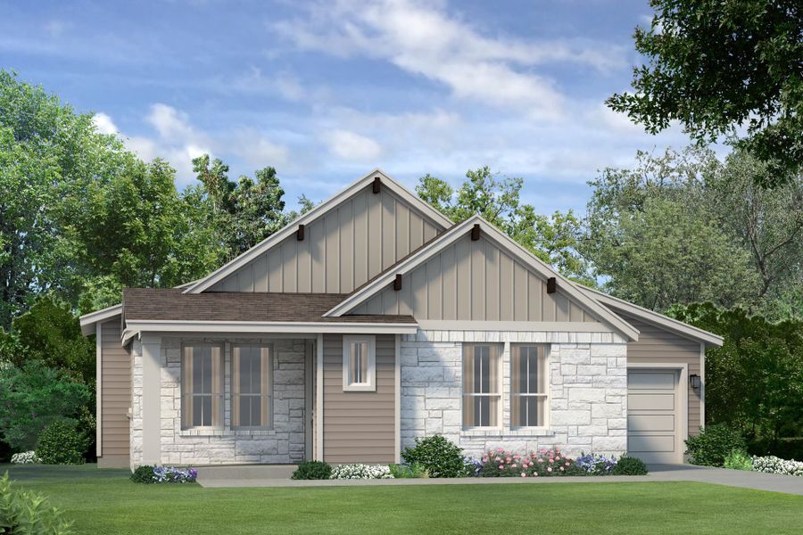 Representative exterior photo of a completed home built from the Nelson by Brookfield Residential in Cottage at Kissing Tree, San Marcos, TX (Image 2). Representative exterior photo of a completed home built from the Nelson by Brookfield Residential in Cottage at Kissing Tree, San Marcos, TX (Image 2).