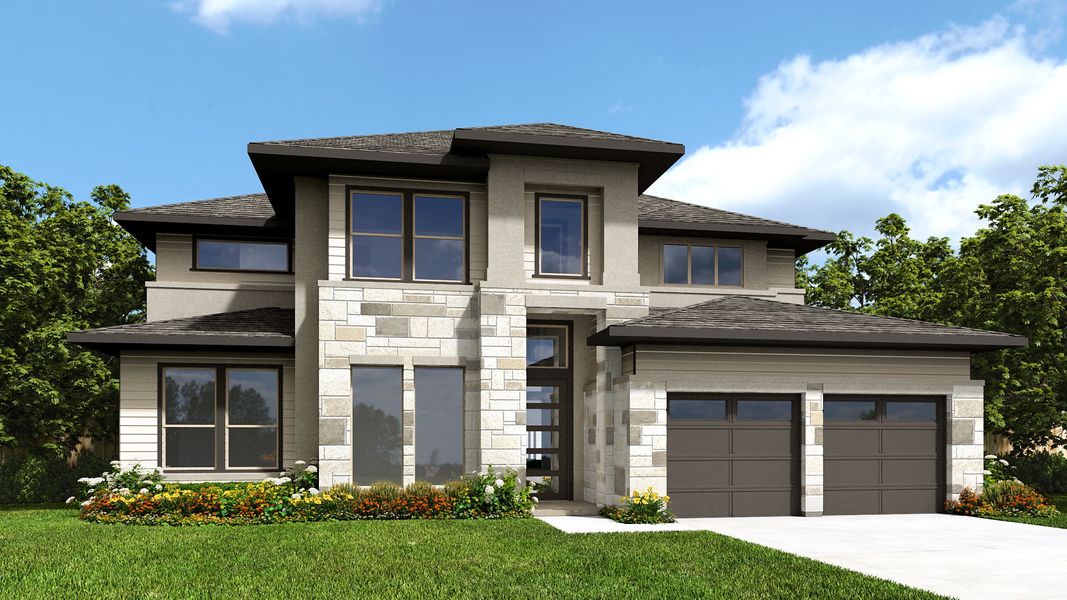 Front exterior of a new home in Easton Park, Austin, TX, highlighting curb appeal (Image 1). Front exterior of a new home in Easton Park, Austin, TX, highlighting curb appeal (Image 1).