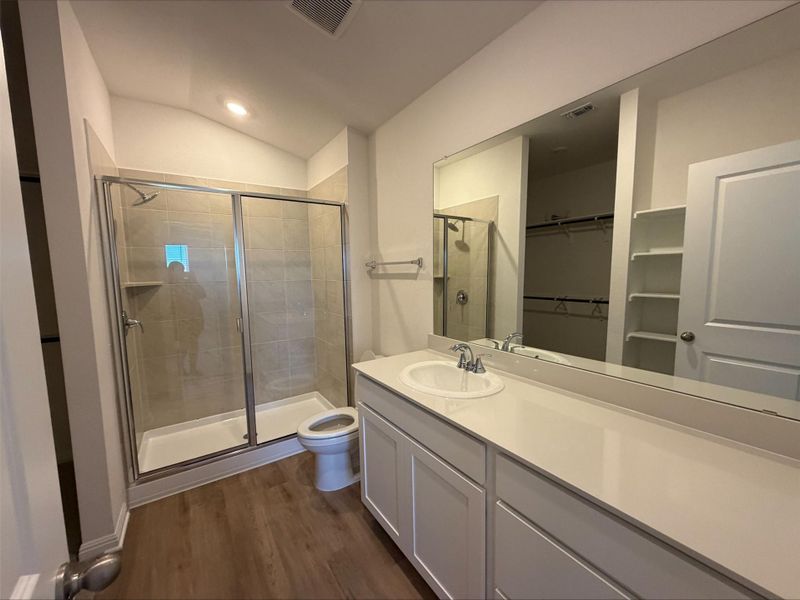Bathroom with a walk in closet, vanity, a shower stall, dark wood-type flooring, and vaulted ceiling
