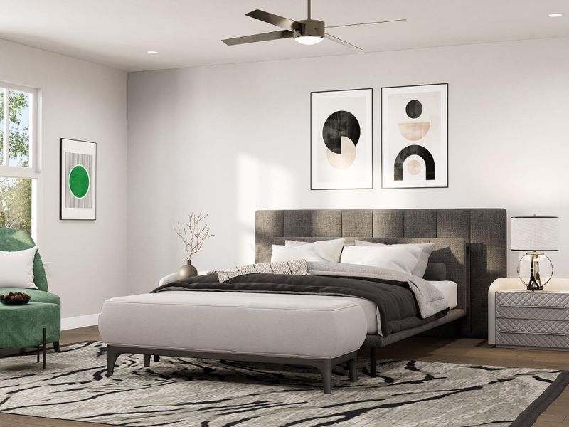 Relax in the ROCbridge’s primary bedroom—bright, airy, and designed with comfort and privacy in mind. Image depicts artist's rendering. Colors and selections my vary from the final product. See New Home Consultant for details.