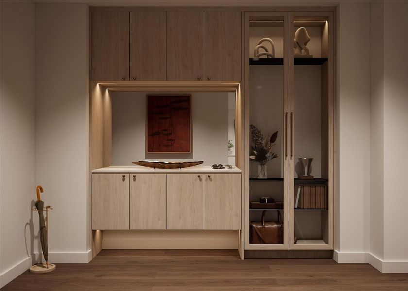 Entry feature with built-in cabinetry and quartzite countertop in the Tranquil palette. Designed to provide elegant storage and a cohesive introduction to the home’s interior finishes.