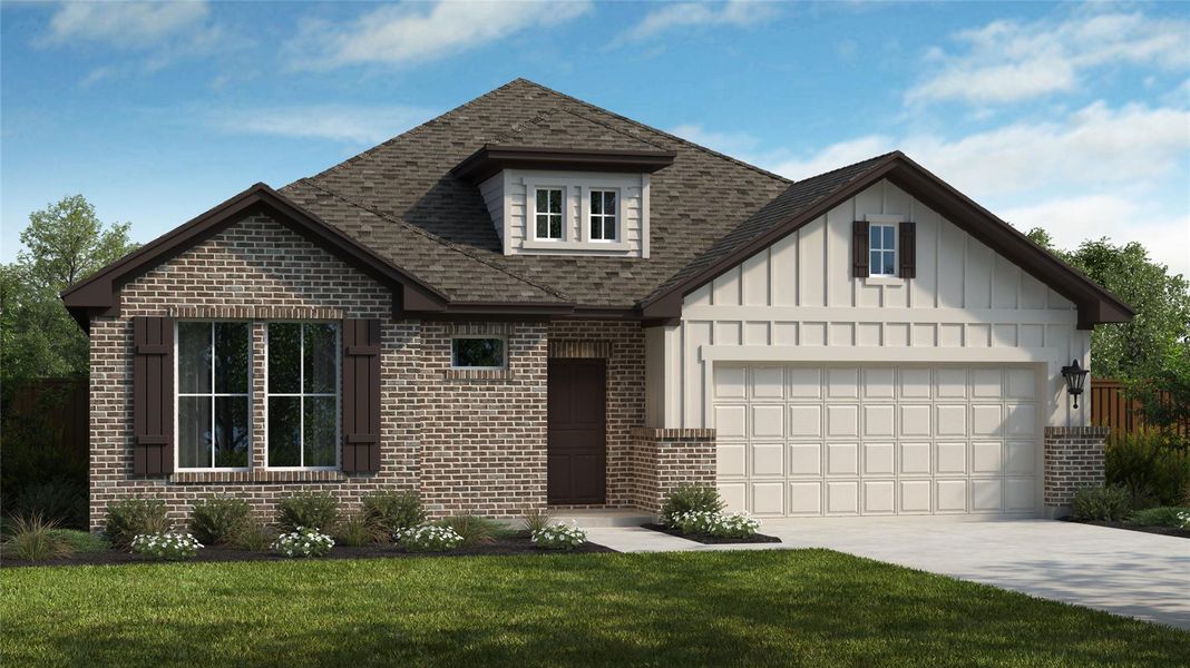 Front exterior of a new home in The Colony, Bastrop, TX, highlighting curb appeal (Image 1). Front exterior of a new home in The Colony, Bastrop, TX, highlighting curb appeal (Image 1).