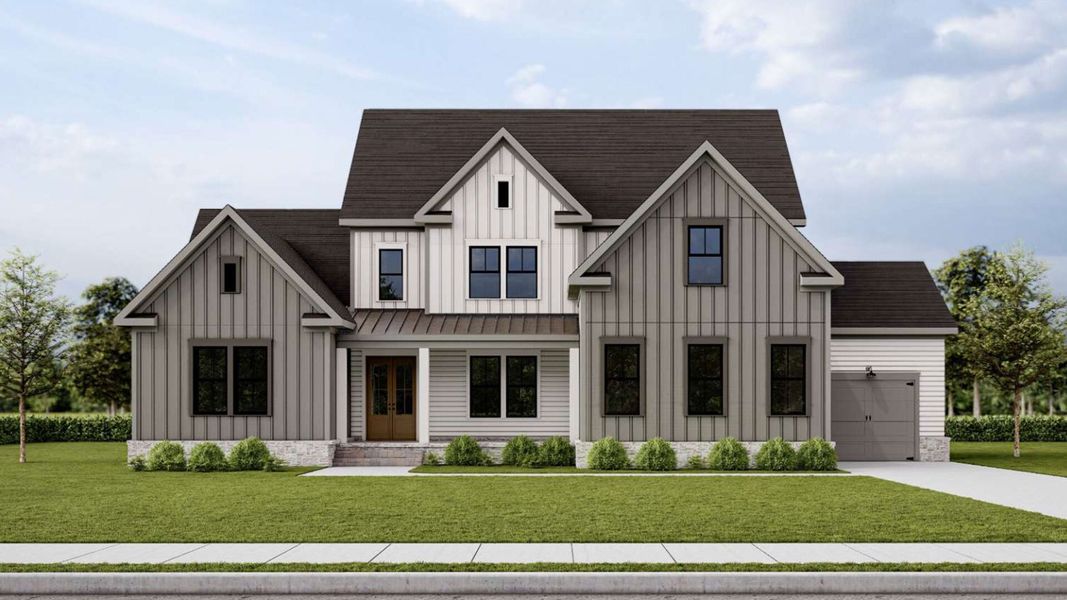 Front exterior of a new home in Glory Meadows, Gainesville, GA, highlighting curb appeal (Image 1). Front exterior of a new home in Glory Meadows, Gainesville, GA, highlighting curb appeal (Image 1).