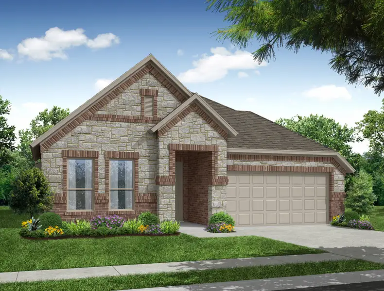 Representative exterior photo of a completed home built from the Cambridge by Impression Homes in Timberbrook, Justin, TX (Image 7). Representative exterior photo of a completed home built from the Cambridge by Impression Homes in Timberbrook, Justin, TX (Image 7).