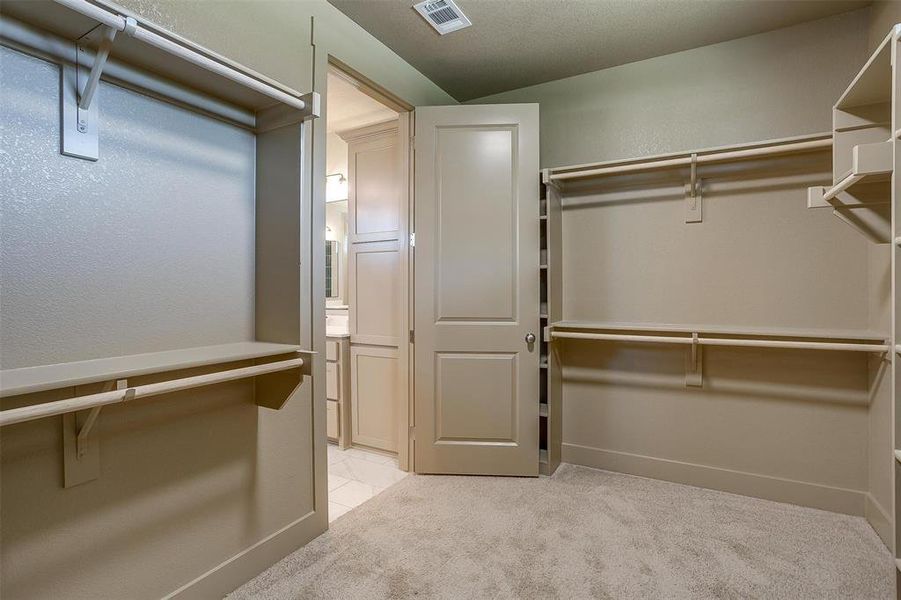 Walk in closet with light colored carpet and visible vents