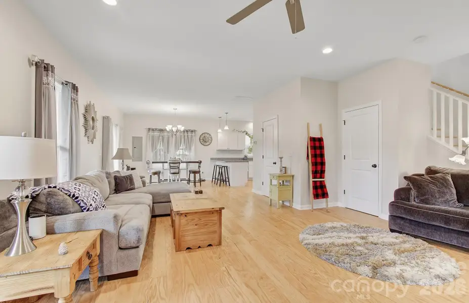Expansive living room open to dining and kitchen