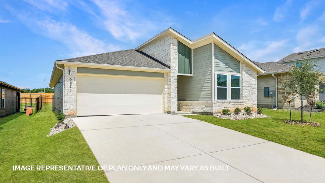 Front exterior of a new home in Trails at Wildhorse, Austin, TX, highlighting curb appeal (Image 16).