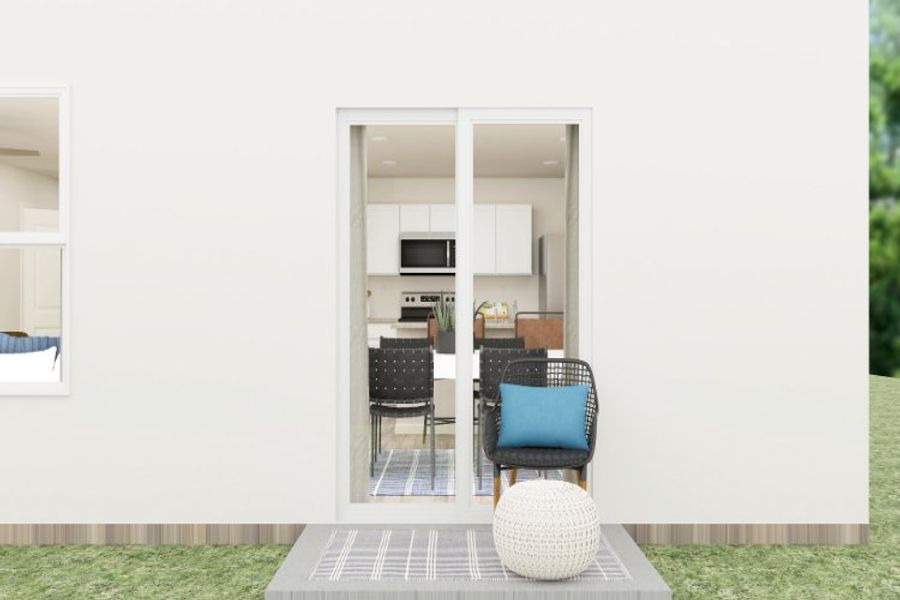 A room with a table chairs and a glass door. A room with a table chairs and a glass door.