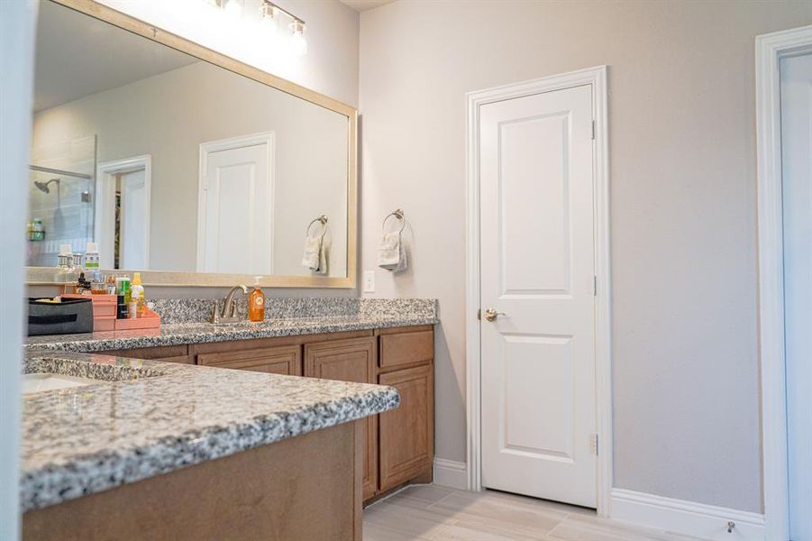 Full bath featuring vanity and a shower stall