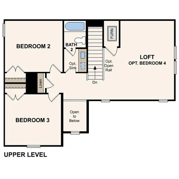 An upper level layout showcases multiple bedrooms, a shared bath, and a flexible loft space. An upper level layout showcases multiple bedrooms, a shared bath, and a flexible loft space.