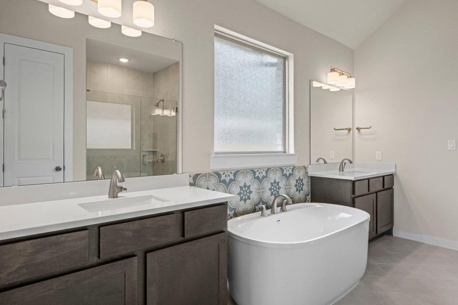 Primary Bath retreat with dual vanities & soaking tub