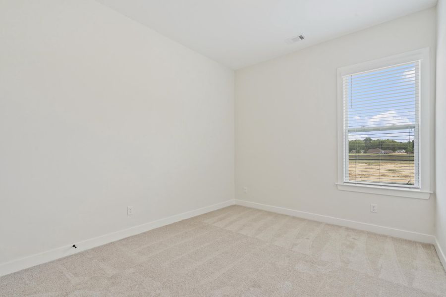 Neutral tone carpeting, white walls, and a window with blinds