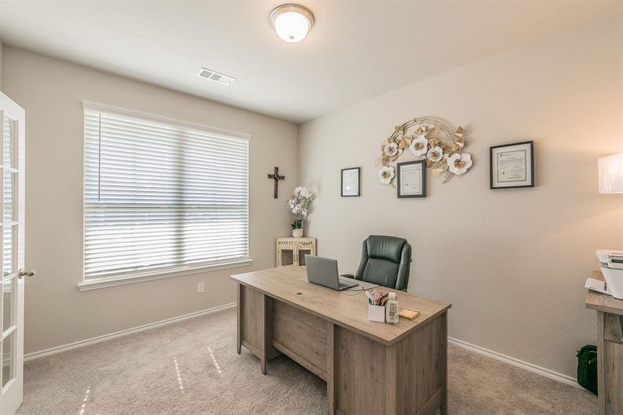 Office space with light carpet