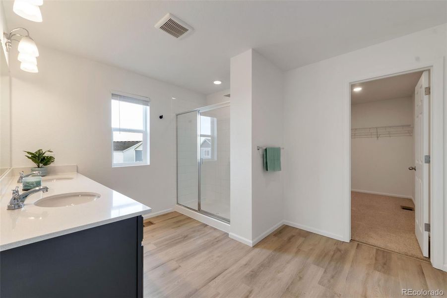 Primary bathroom, Dbl Vanity, Large Shower, Water closet, Walk-in Closet entry