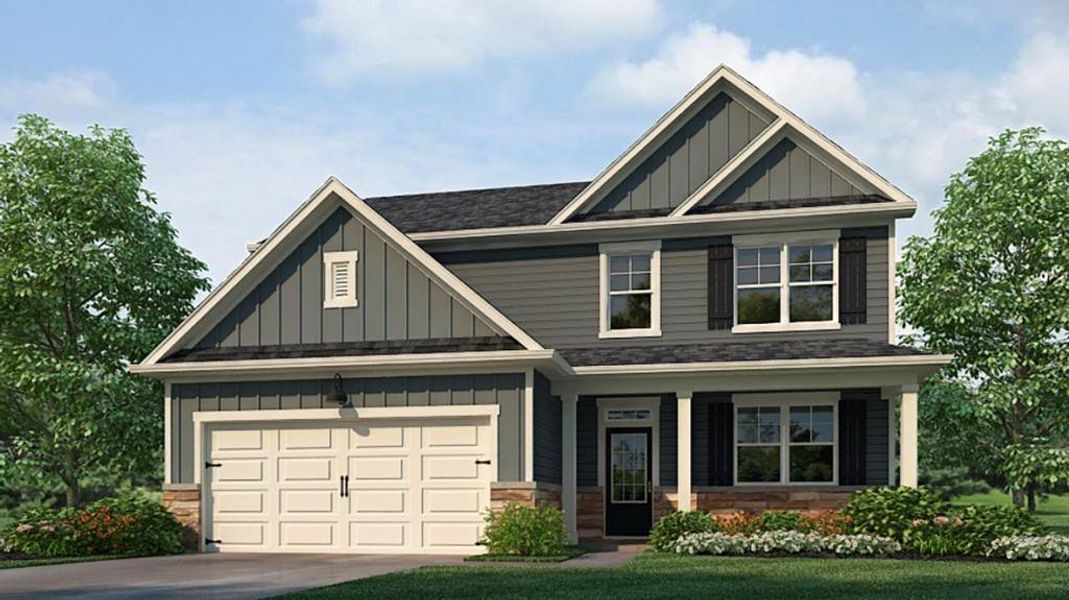 Front exterior of a new home in Fairhaven, Lithia Springs, GA, highlighting curb appeal (Image 1). Front exterior of a new home in Fairhaven, Lithia Springs, GA, highlighting curb appeal (Image 1).