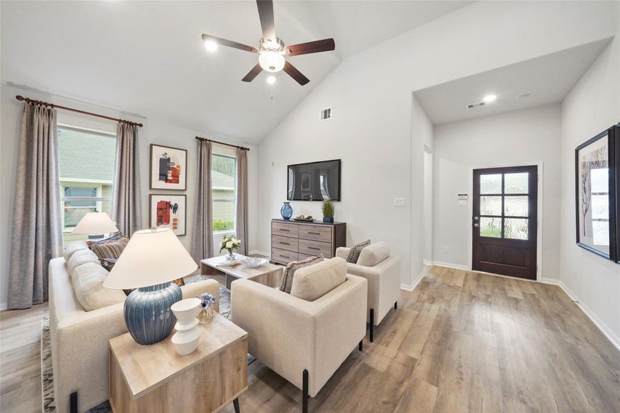 Step into the San Jacinto floorplan, featuring stunning two-story ceilings in the open-concept family room. Step into the San Jacinto floorplan, featuring stunning two-story ceilings in the open-concept family room.