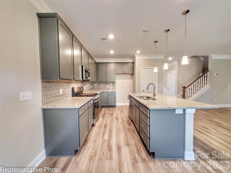 Kitchen will have dark grey cabinets with a white island Kitchen will have dark grey cabinets with a white island