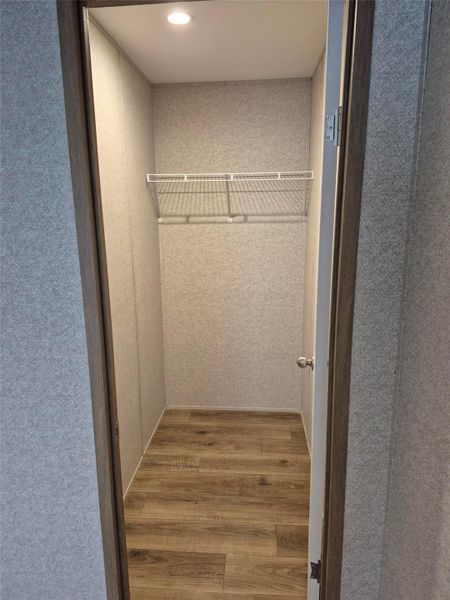 Walk in closet with light wood-type flooring